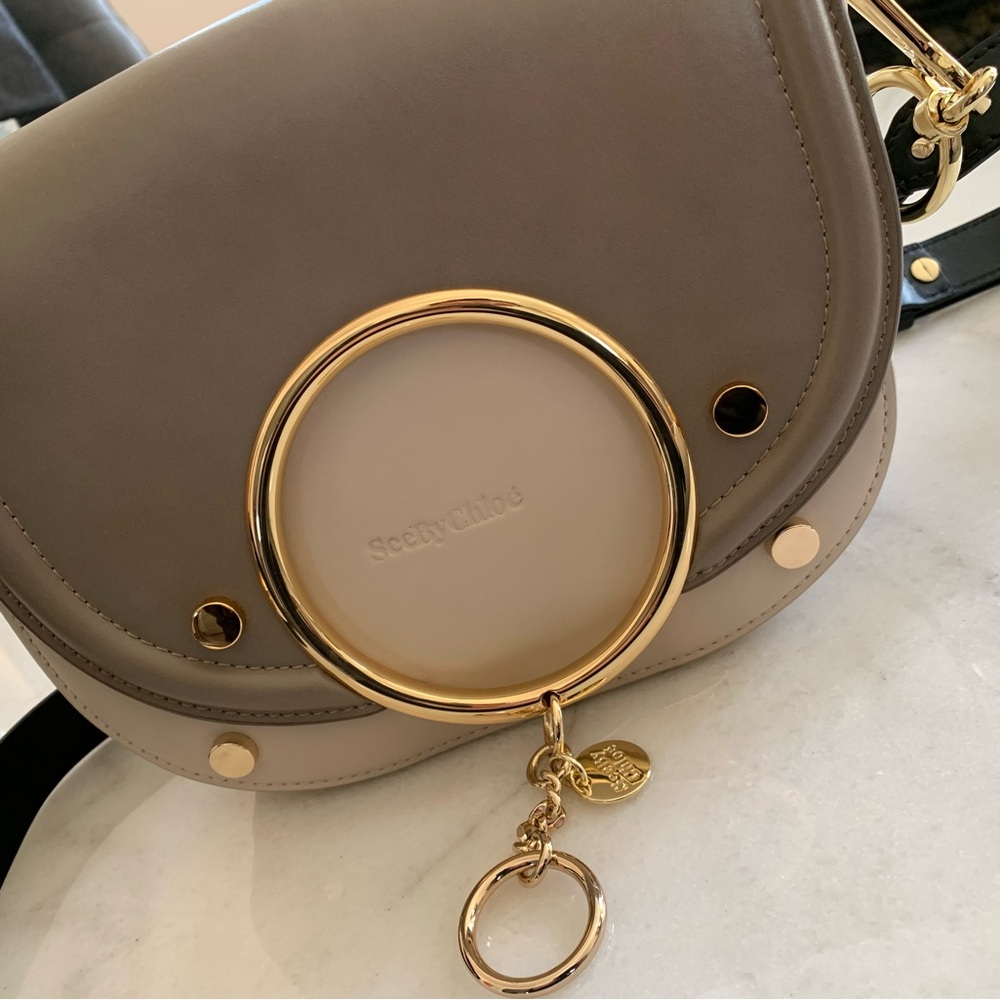 See By Chloe Taupe and Cream Crossbody with Gold Ring Detail